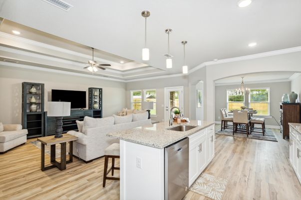 Chandelier, Dining room, Interior, Kitchen, Living room, Pendant Lights, Recessed Lighting, Wood Texture Flooring
