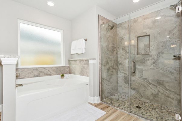 Bathroom, Glass Shower, Interior, Marble Walls, Recessed Lighting, Wood Texture Flooring