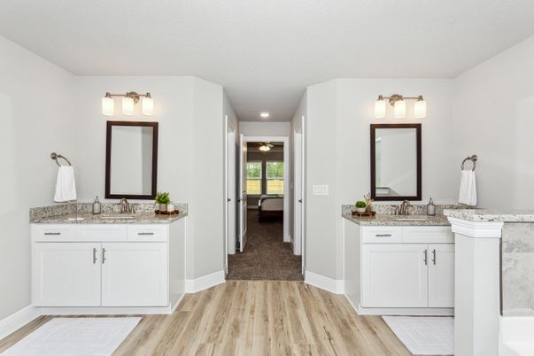 Bathroom, Dual Sink Vanities, Interior, Recessed Lighting, Wood Texture Flooring