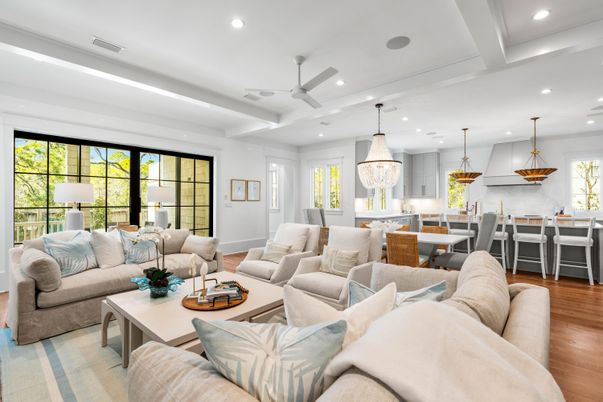 Chandelier, Dining room, Interior, Kitchen, Living room, Pendant Lights, Recessed Lighting, Wood Texture Flooring