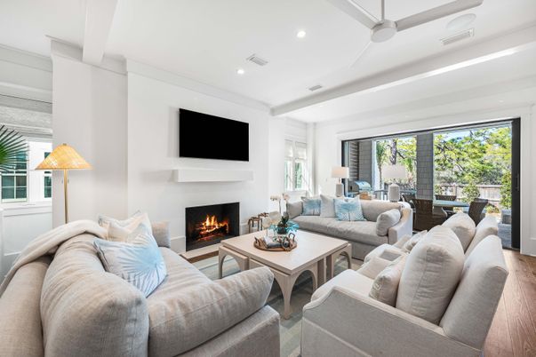 Fireplace, Interior, Living room, Recessed Lighting, Wood Texture Flooring