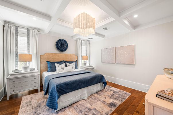 Bedroom, Chandelier, Interior, Recessed Lighting, Wood Texture Flooring