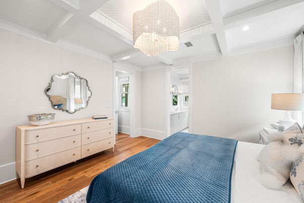 Bedroom, Chandelier, Interior, Recessed Lighting, Wood Texture Flooring