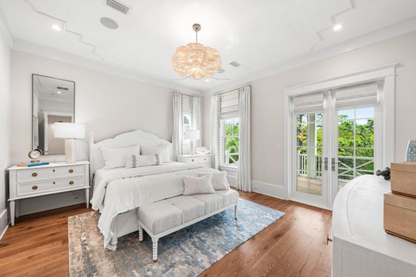 Bedroom, Chandelier, Interior, Recessed Lighting, Wood Texture Flooring