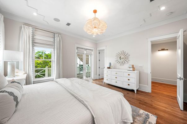 Bedroom, Chandelier, Interior, Recessed Lighting, Wood Texture Flooring
