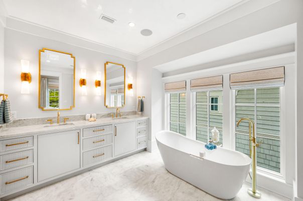Bathroom, Dual Sink Vanities, Free Standing Baths, Interior, Marble, Recessed Lighting