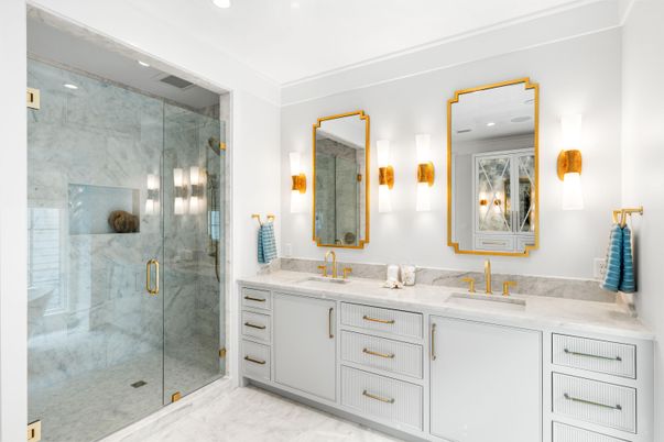 Bathroom, Dual Sink Vanities, Glass Shower, Interior, Marble, Marble Walls, Recessed Lighting