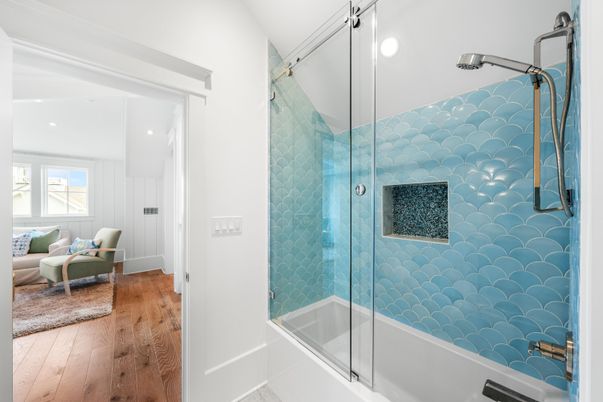 Bathroom, Glass Shower, Interior, Recessed Lighting, Wood Texture Flooring