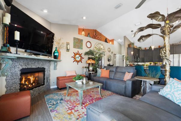 Fireplace, Interior, Kitchen, Living room, Pendant Lights, Recessed Lighting