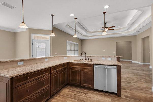 Interior, Kitchen, Pendant Lights, Recessed Lighting, Wood Texture Flooring