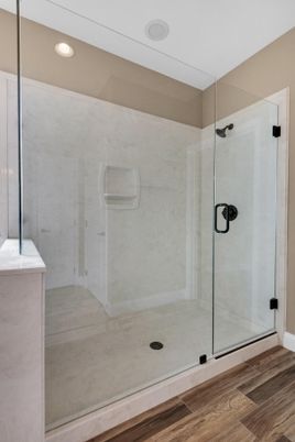 Bathroom, Glass Shower, Interior, Recessed Lighting, Wood Texture Flooring