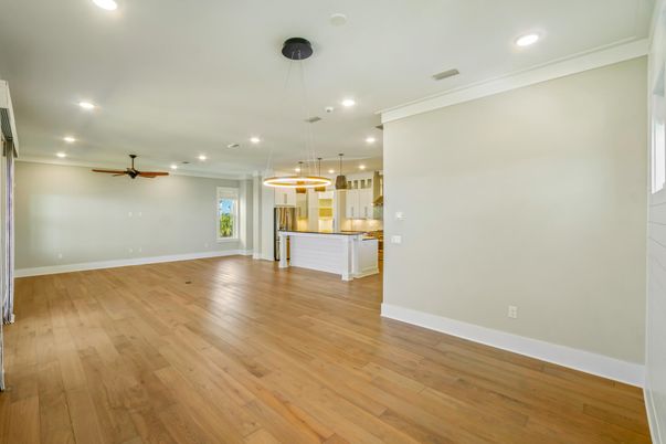 Empty room, Interior, Kitchen, Pendant Lights, Recessed Lighting, Wood Texture Flooring