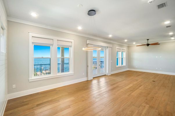 Empty room, Interior, Pendant Lights, Recessed Lighting, Water, Wood Texture Flooring