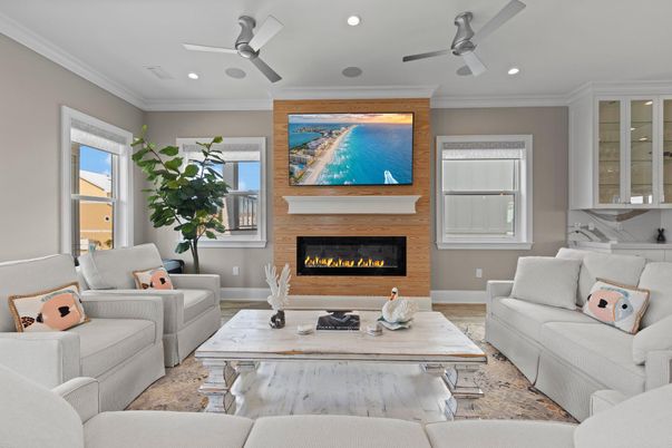 Fireplace, Interior, Living room, Recessed Lighting, Stone Walls, Wood Texture Flooring