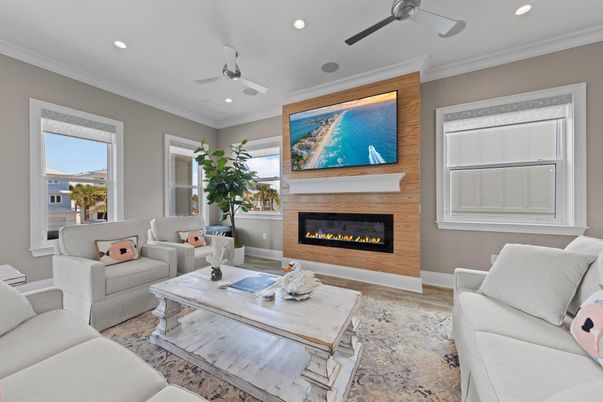 Fireplace, Interior, Living room, Recessed Lighting, Wood Texture Flooring