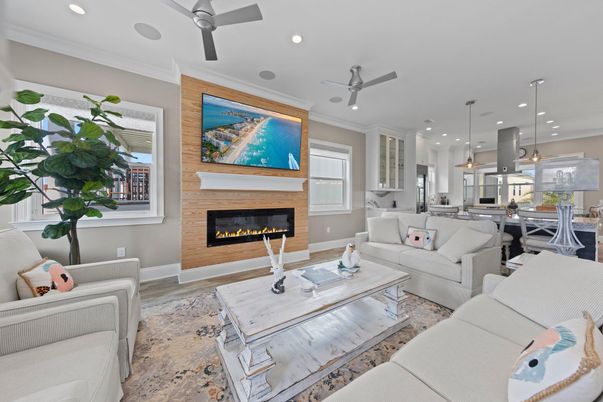 Dining room, Fireplace, Interior, Kitchen, Living room, Pendant Lights, Recessed Lighting