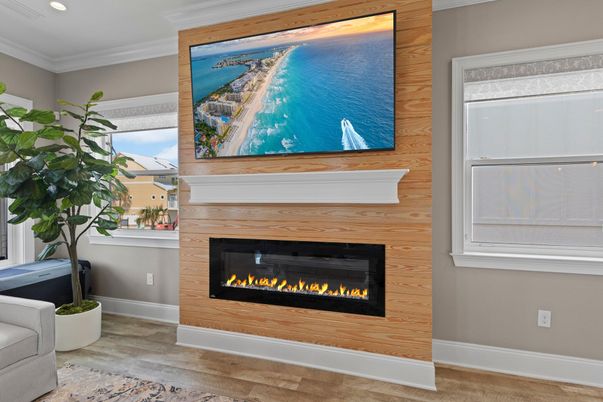 Fireplace, Interior, Recessed Lighting, Wood Texture Flooring