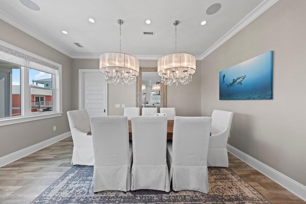 Chandelier, Dining room, Interior, Recessed Lighting, Wood Texture Flooring