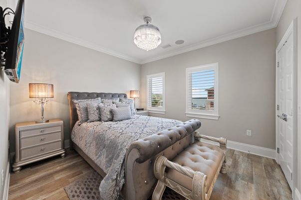 Bedroom, Chandelier, Interior, Wood Texture Flooring