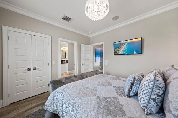 Bedroom, Chandelier, Interior, Wood Texture Flooring