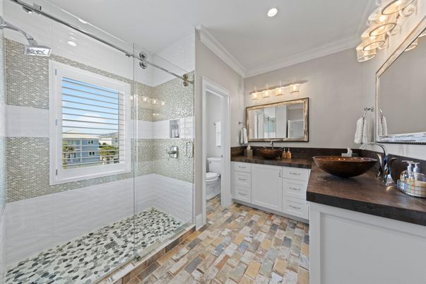 Bathroom, Dual Sink Vanities, Glass Shower, Interior, Recessed Lighting