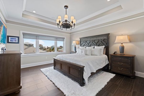 Bedroom, Chandelier, Interior, Recessed Lighting, Wood Texture Flooring