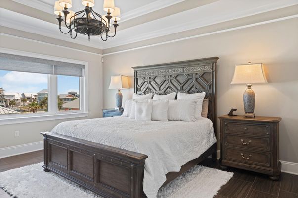 Bedroom, Chandelier, Interior, Wood Texture Flooring