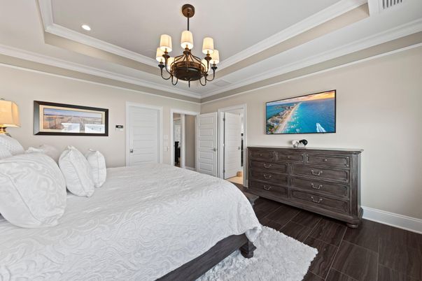Bedroom, Chandelier, Interior, Recessed Lighting, Wood Texture Flooring