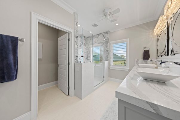 Bathroom, Dual Sink Vanities, Glass Shower, Interior, Marble Walls, Recessed Lighting