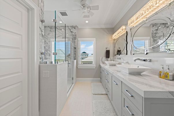 Bathroom, Dual Sink Vanities, Glass Shower, Interior, Marble Walls, Recessed Lighting