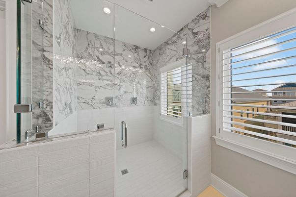 Bathroom, Glass Shower, Interior, Marble Walls, Recessed Lighting