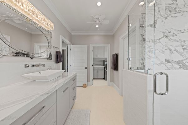 Bathroom, Dual Sink Vanities, Glass Shower, Interior, Marble Walls, Recessed Lighting