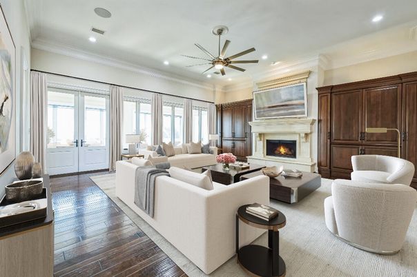 Fireplace, Interior, Living room, Recessed Lighting, Wood Texture Flooring