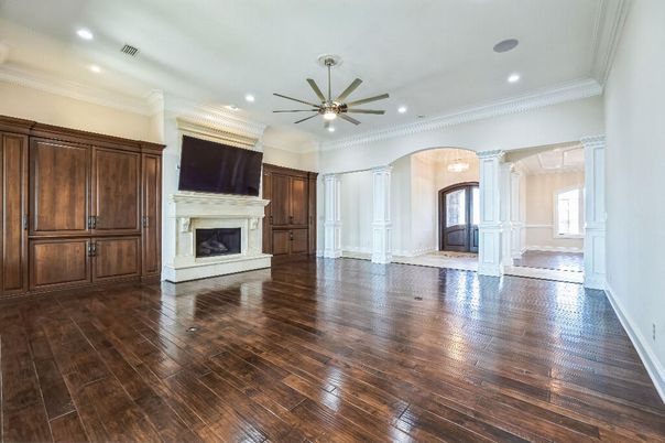 Empty room, Fireplace, Interior, Recessed Lighting, Wood Texture Flooring