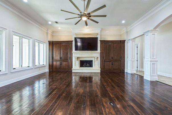 Empty room, Fireplace, Interior, Recessed Lighting, Wood Texture Flooring