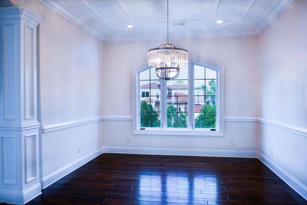 Chandelier, Empty room, Interior, Recessed Lighting, Wood Texture Flooring