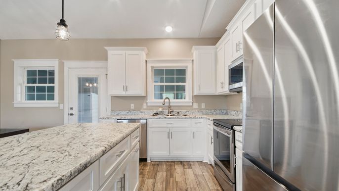 Interior, Kitchen, Pendant Lights, Recessed Lighting, Stainless Steel Appliances, Wood Texture Flooring