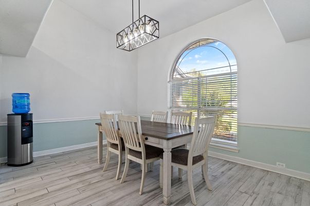 Dining room, Interior, Pendant Lights, Wood Texture Flooring