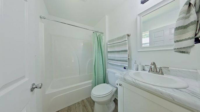 Bathroom, Interior, Tile Countertops, Wood Texture Flooring
