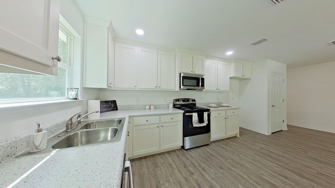 Interior, Kitchen, Recessed Lighting, Wood Texture Flooring