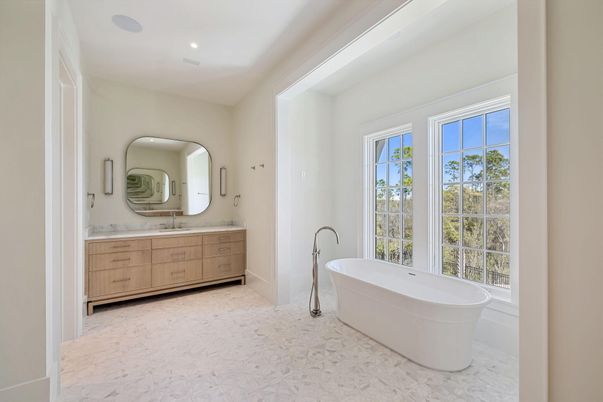 Bathroom, Dual Sink Vanities, Free Standing Baths, Interior, Marble, Recessed Lighting