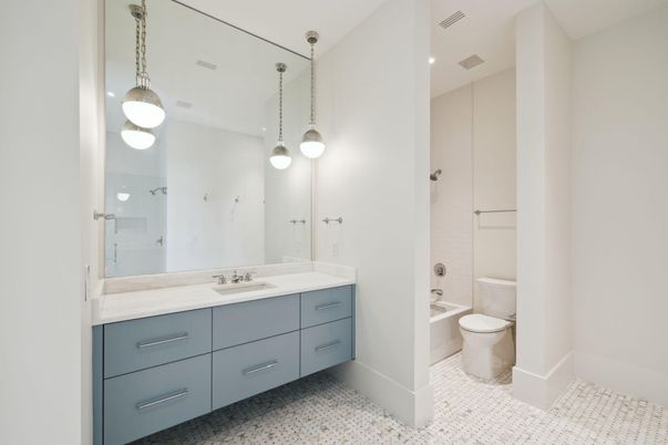 Bathroom, Dual Sink Vanities, Glass Shower, Interior, Pendant Lights, Recessed Lighting