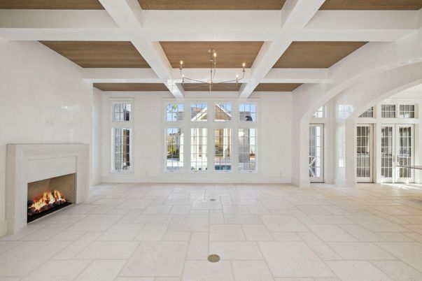 Empty room, Fireplace, Interior, Pendant Lights, Wooden Ceilings