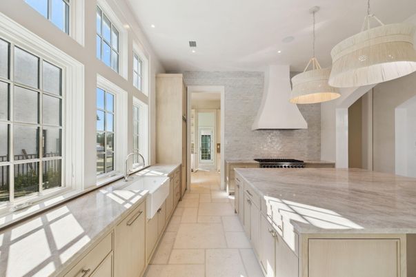 Interior, Kitchen, Pendant Lights, Recessed Lighting, Stainless Steel Appliances, Stone Walls