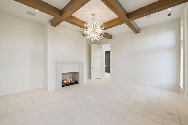 Chandelier, Empty room, Fireplace, Interior, Pendant Lights, Recessed Lighting, Wooden Beams