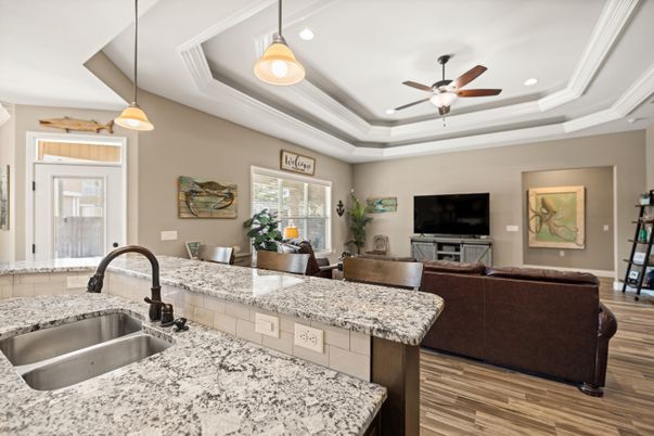 Interior, Living room, Pendant Lights, Recessed Lighting, Wood Texture Flooring