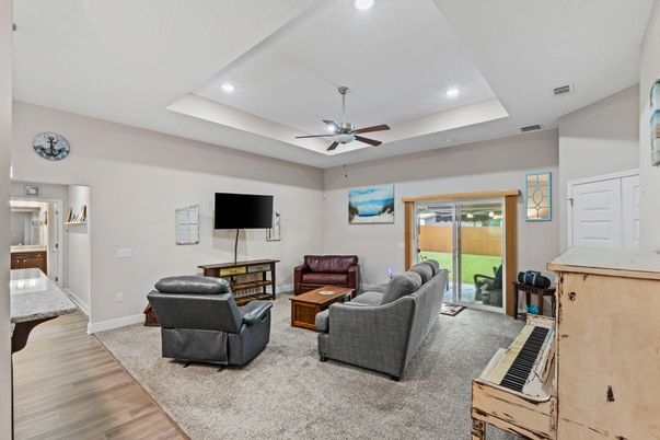 Interior, Living room, Piano, Recessed Lighting, Wood Texture Flooring