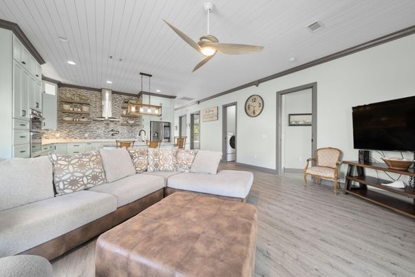 Interior, Kitchen, Living room, Pendant Lights, Recessed Lighting, Stainless Steel Appliances, Stone Walls, Wood Texture Flooring