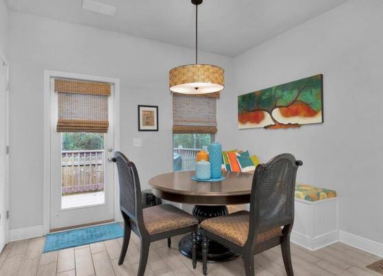 Dining room, Interior, Pendant Lights, Wood Texture Flooring