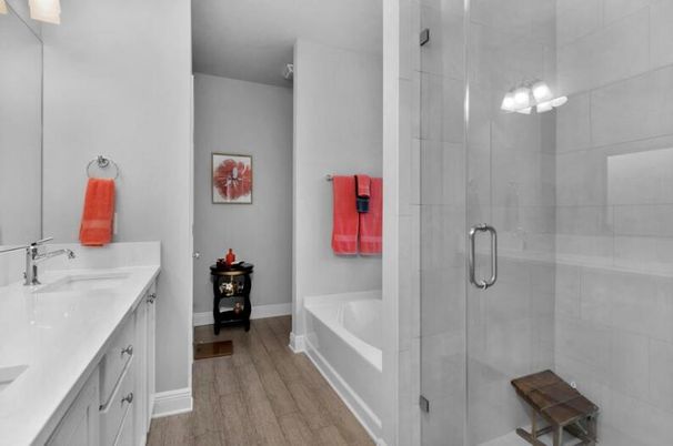 Bathroom, Glass Shower, Interior, Wood Texture Flooring